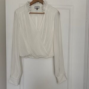 BCBG White Pleated Wrap Blouse Ruffle Collar Long Sleeve Sheer Top Size M